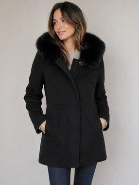 Sachi Black Wool Cashmere Fox Fur Hood Coat XL Luxe Winter Designer Outerwear